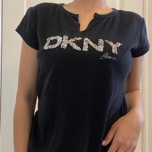 DKNY JEANS DKNY Jeans Black Studded Logo Tank Top Cap Sleeve Round V neck